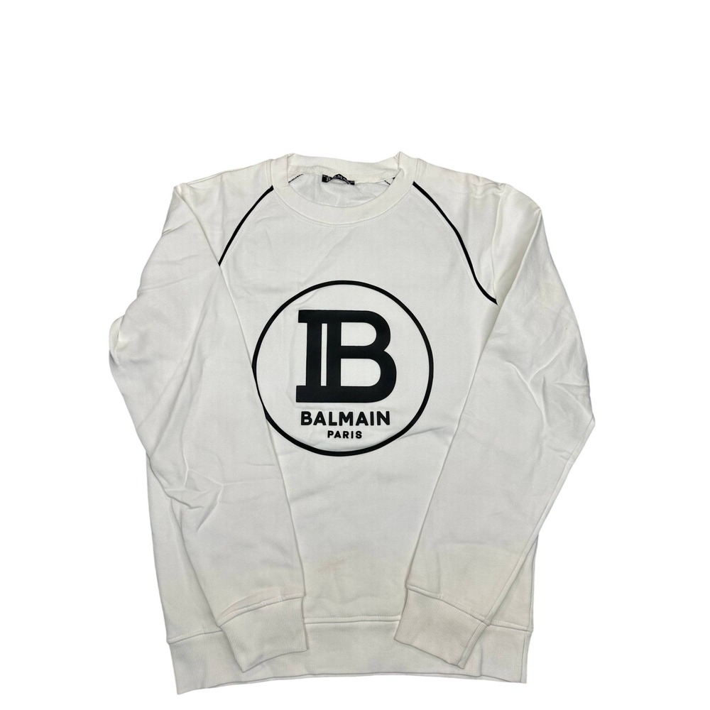 Balmain Paris Mens White Mercerized Cotton Logo Sweatshirt Black Piping Size M